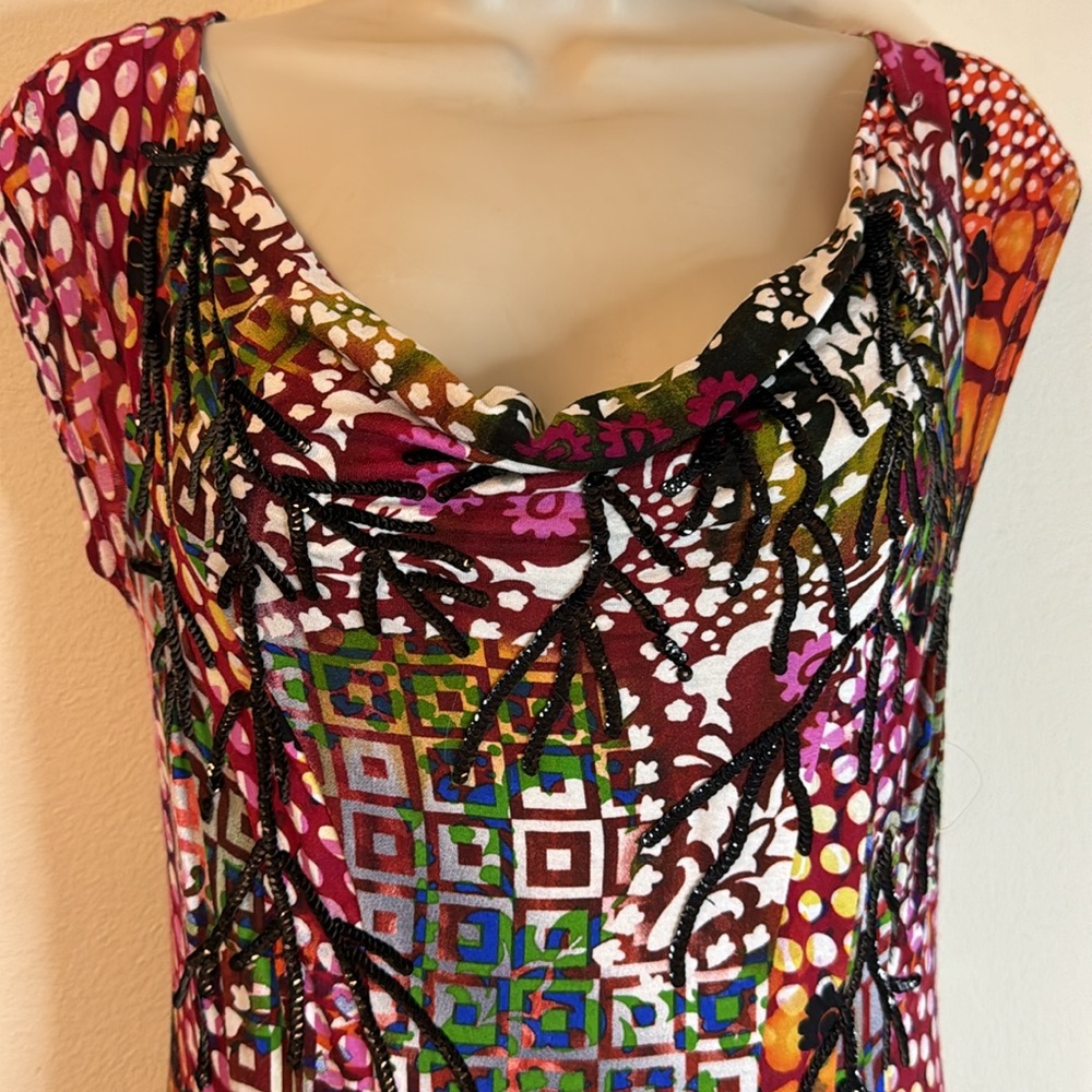 V Christina Multicolor Black Sequins Midi Dress Rayon/Spandex Sz S LN